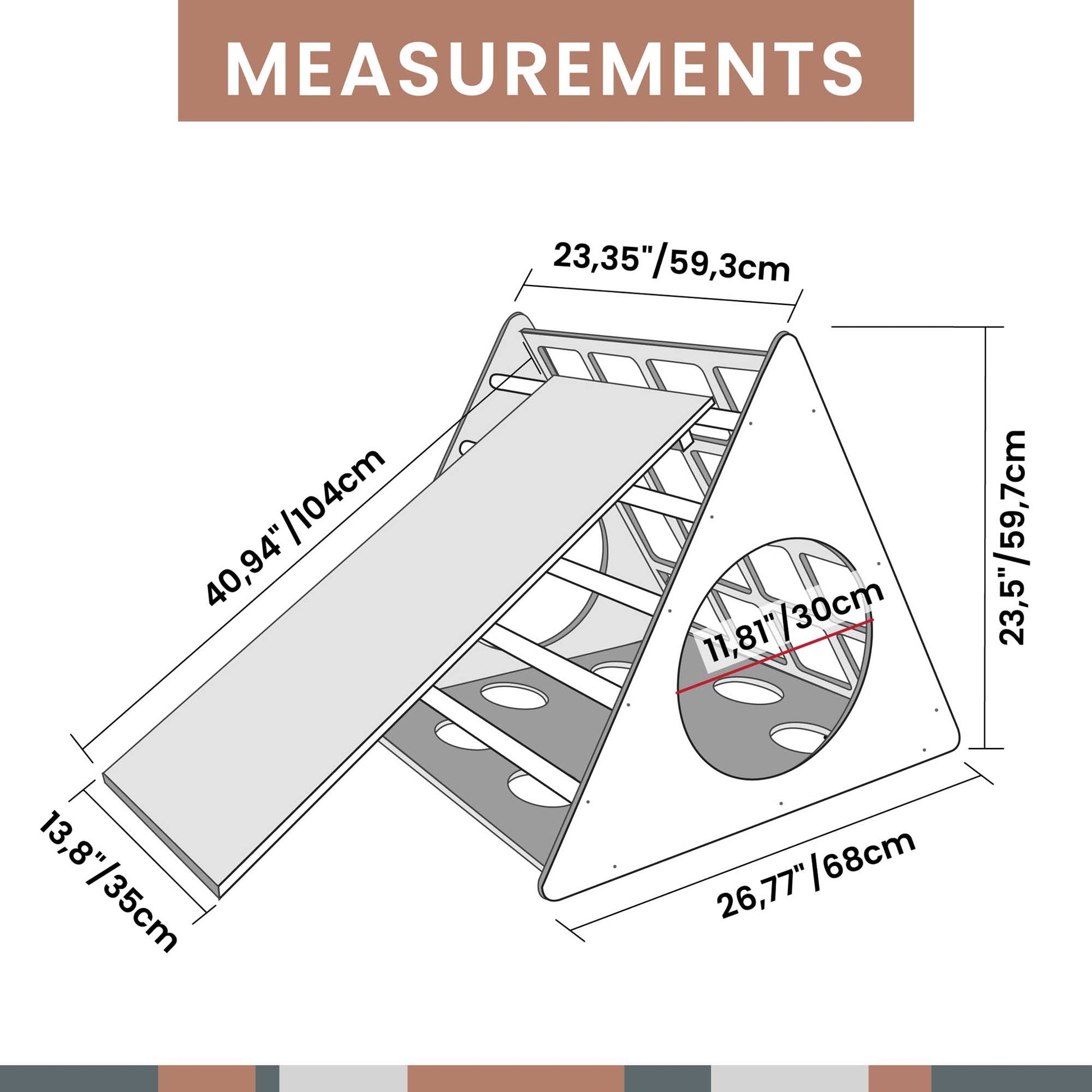 A diagram showing the measurements of an indoor climber activity set and Climbing triangle with sensory panels.