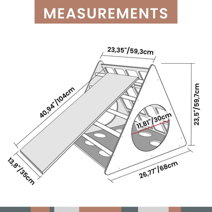 A diagram showing the measurements of an indoor climber activity set and Climbing triangle with sensory panels.