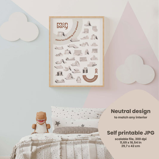 A child's bedroom with a teddy bear and a Sweet HOME from wood activity sofa build ideas poster - Neutral digital download.