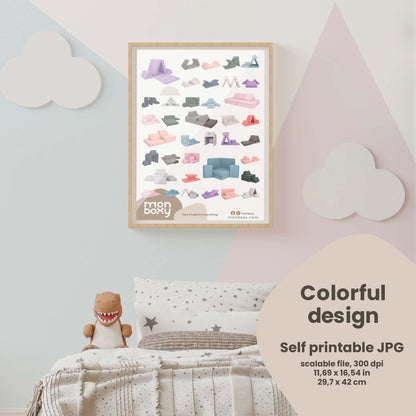An image of a child's room with a Sweet HOME from wood activity sofa build ideas poster - Colorful | digital download for kids and a foam blocks set.