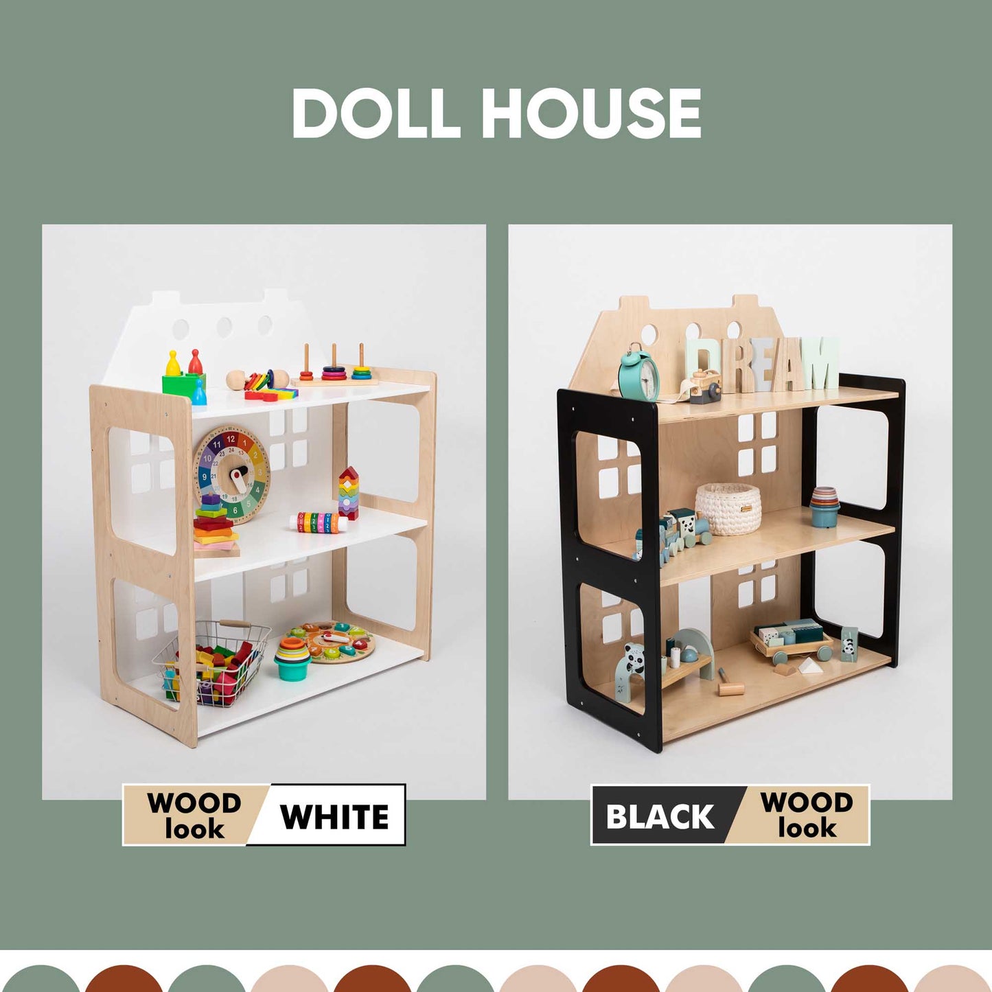 A black and white wooden Sweet Home From Wood doll house with a 2-in-1 doll house and Montessori shelf.