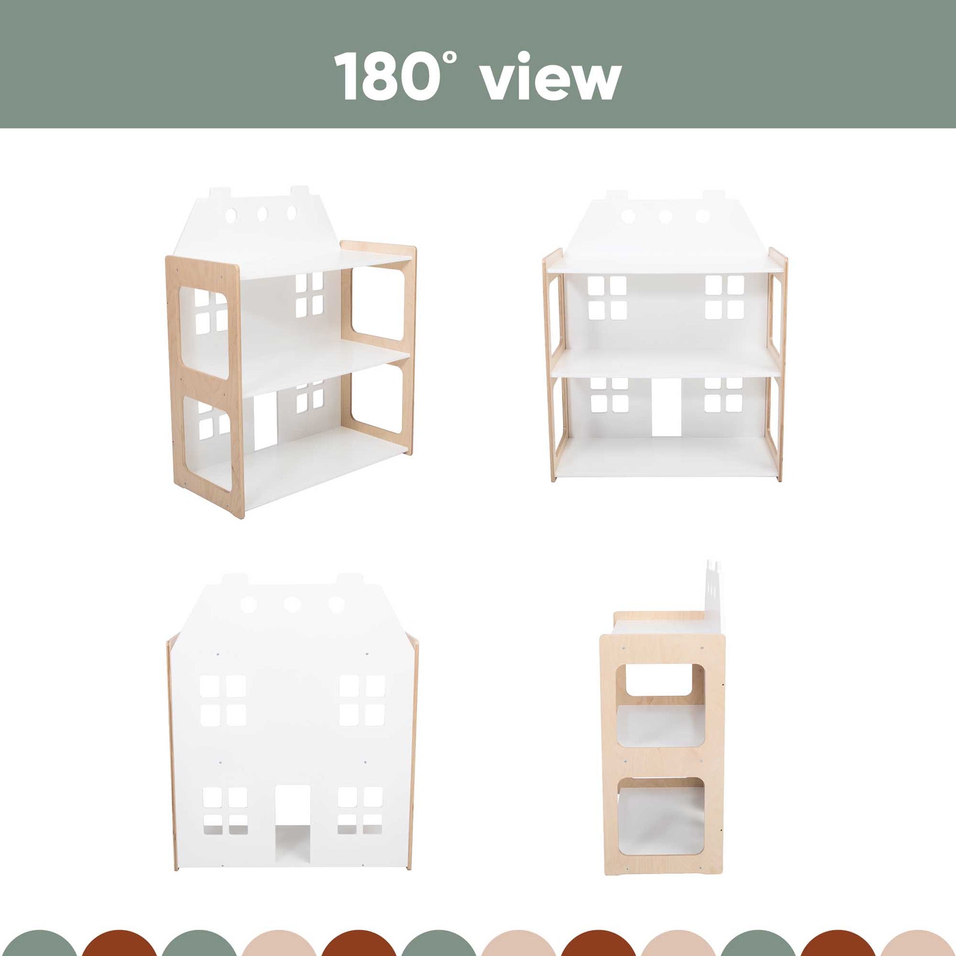 Four sides of a 2-in-1 doll house and shelf, perfect for open toy storage or as a doll house.