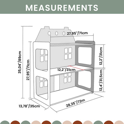 A 2-in-1 doll house and Montessori shelf measurement diagram on Sweet Home From Wood open shelves for kids.