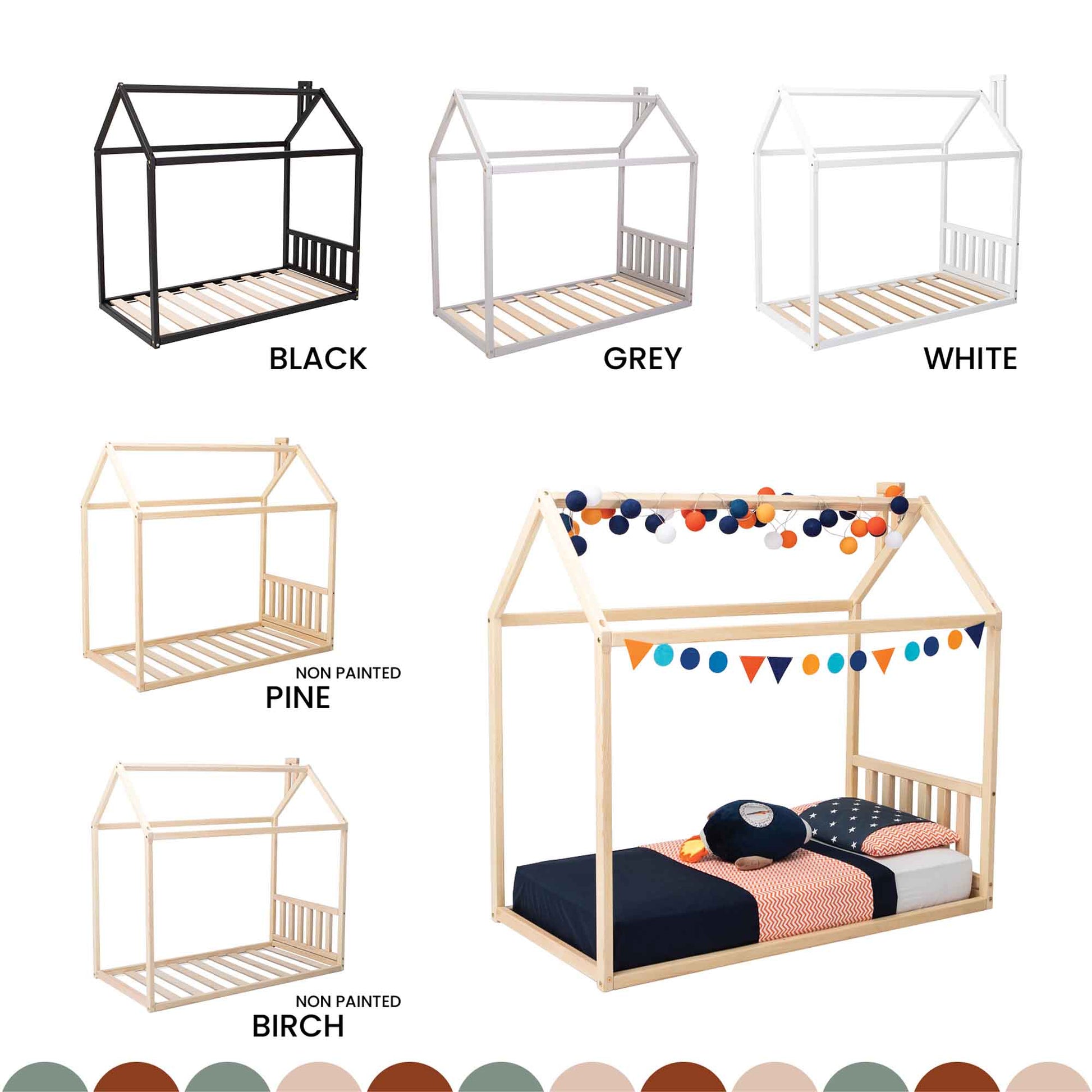 Sweet Home From Wood Montessori House-frame bed with a headboard for children, available in different colors-non.painted, white, grey, black.