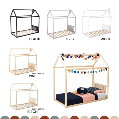 Sweet Home From Wood Montessori House-frame bed with a headboard for children, available in different colors-non.painted, white, grey, black.