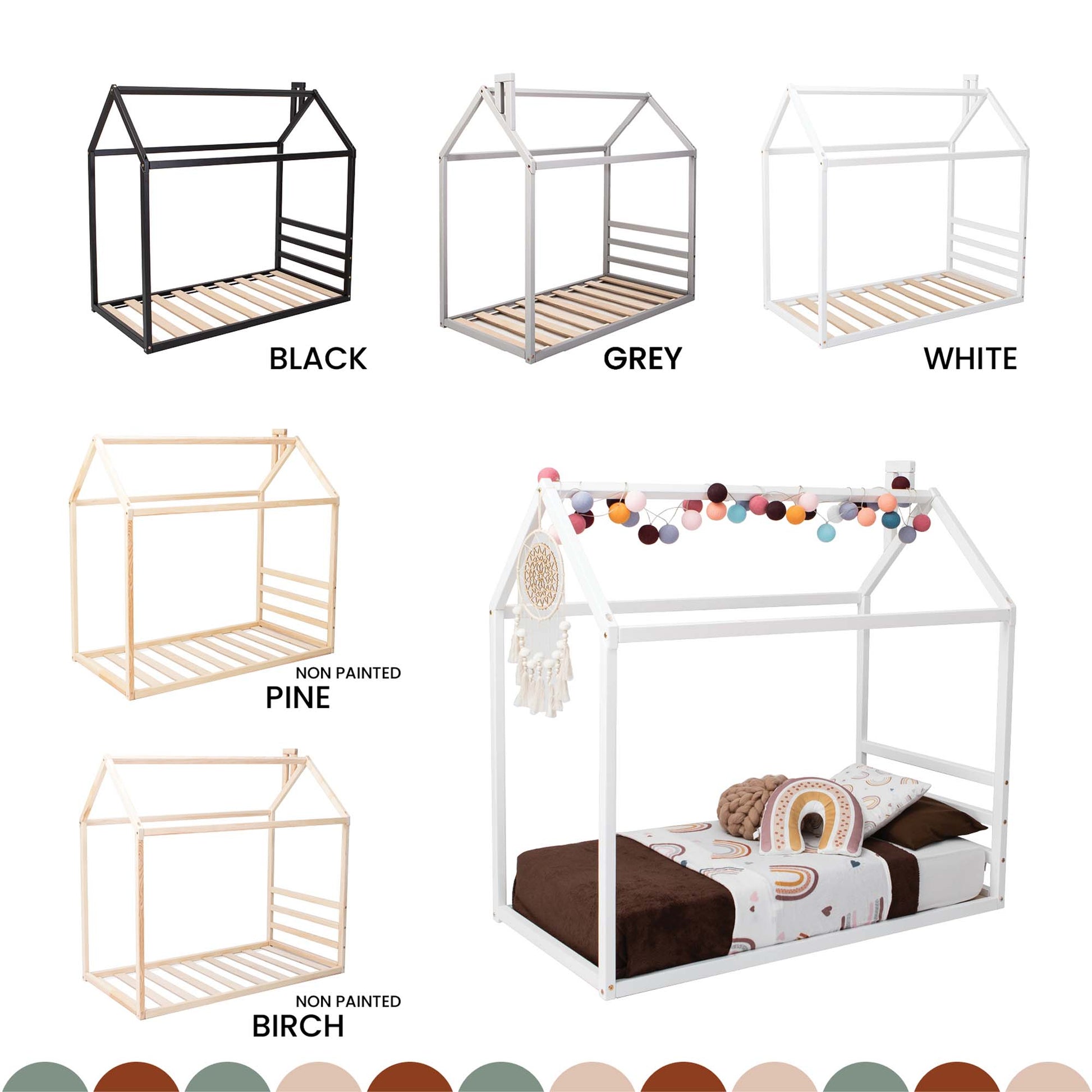 A set of six Children's house beds with a horizontal headboard, perfect for a Montessori house bed, comes in various finishes: black, grey, white, non-painted pine, non-painted birch, and a decorated version with bedding, a dreamcatcher, and a garland.