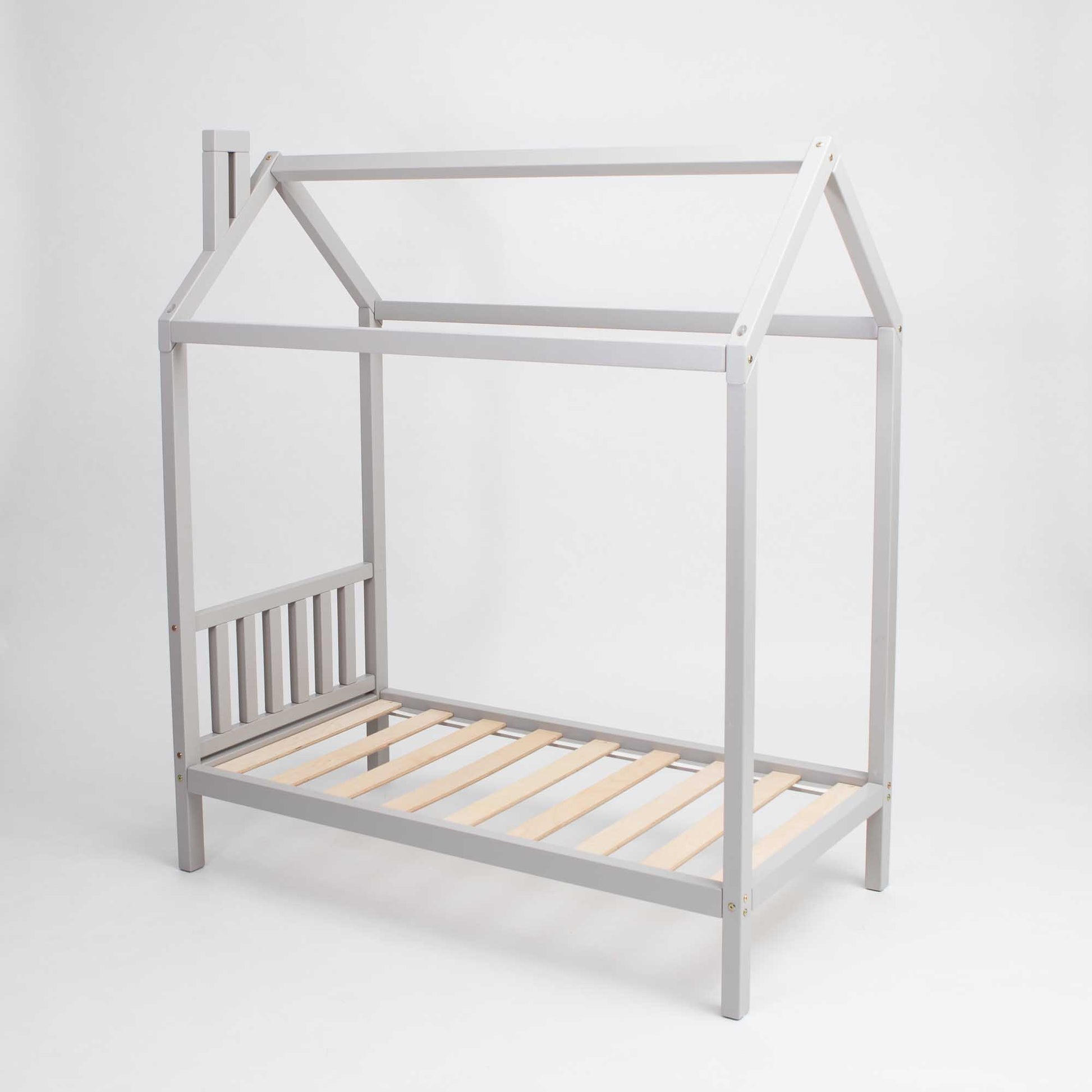 A Toddlers' house bed on legs with a headboard with a grey frame and wooden slats.