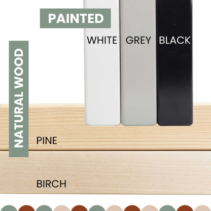 The paint colors for pine, birch, and white on a Toddler house bed on legs with a headboard and footboard.