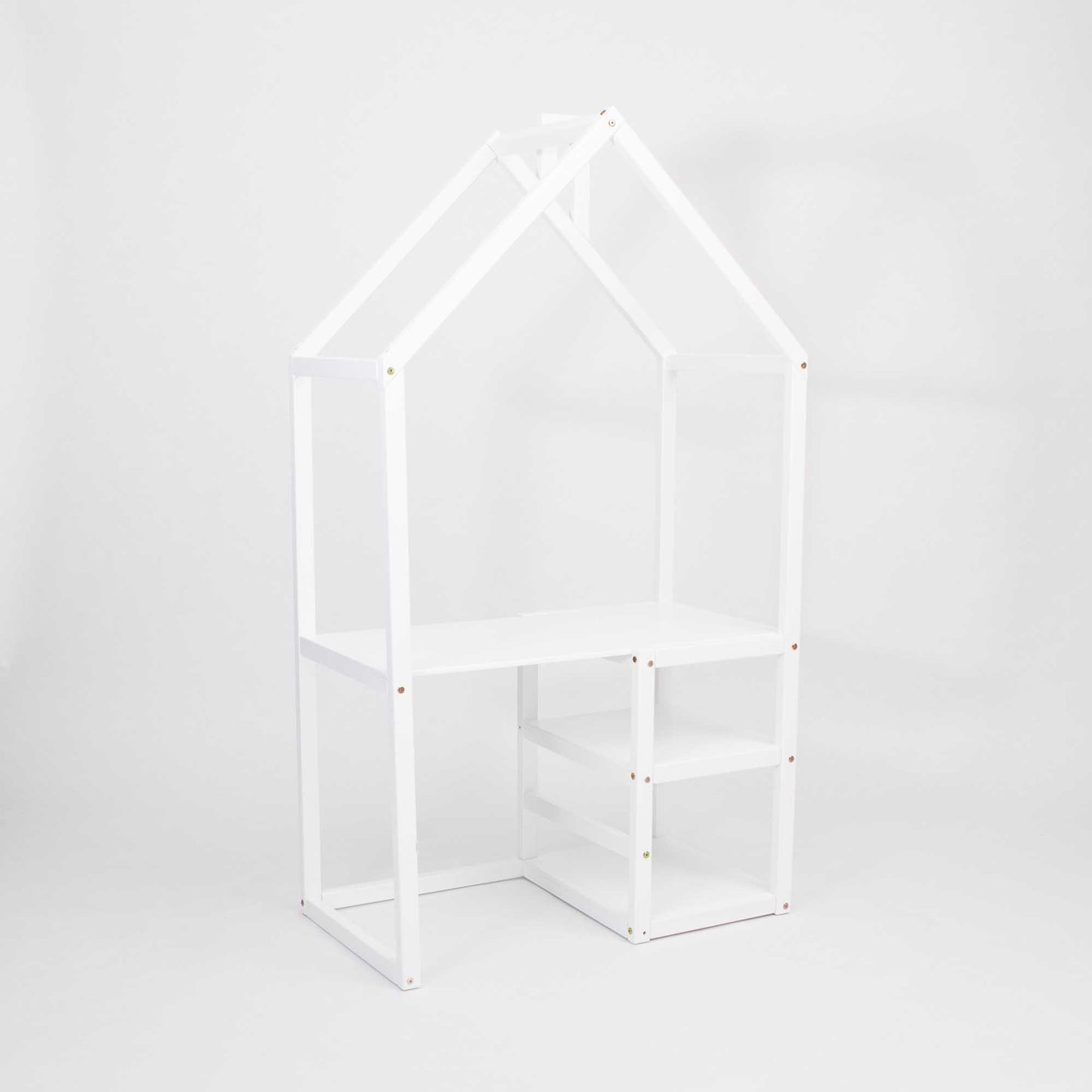 A white Sweet Home From Wood house-shaped toddler desk.
