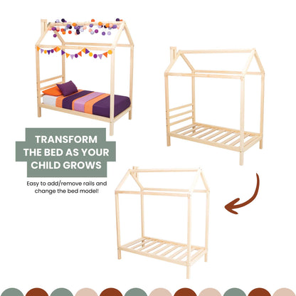 A Kids' house bed on legs with a headboard with a wooden frame and a bed with a canopy.