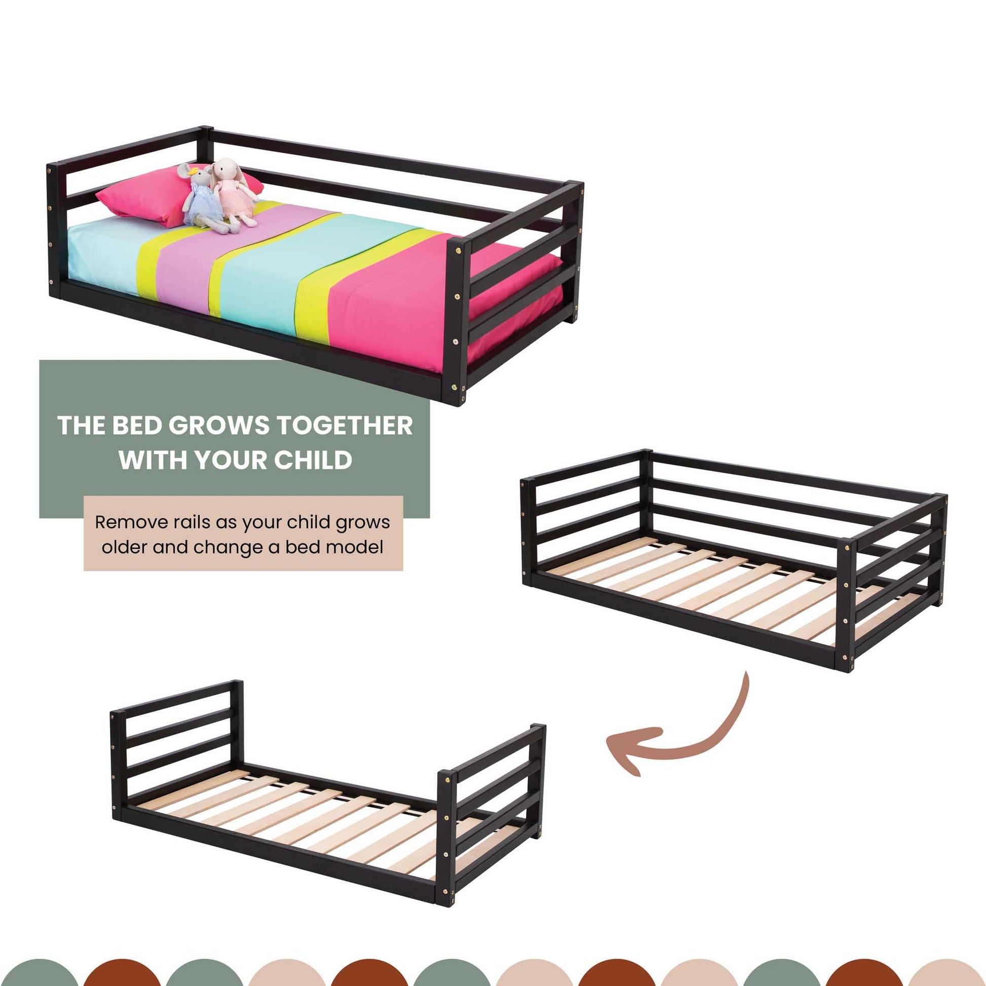 Children's floor level bed with 3-sided safety rail – Sweet HOME from wood