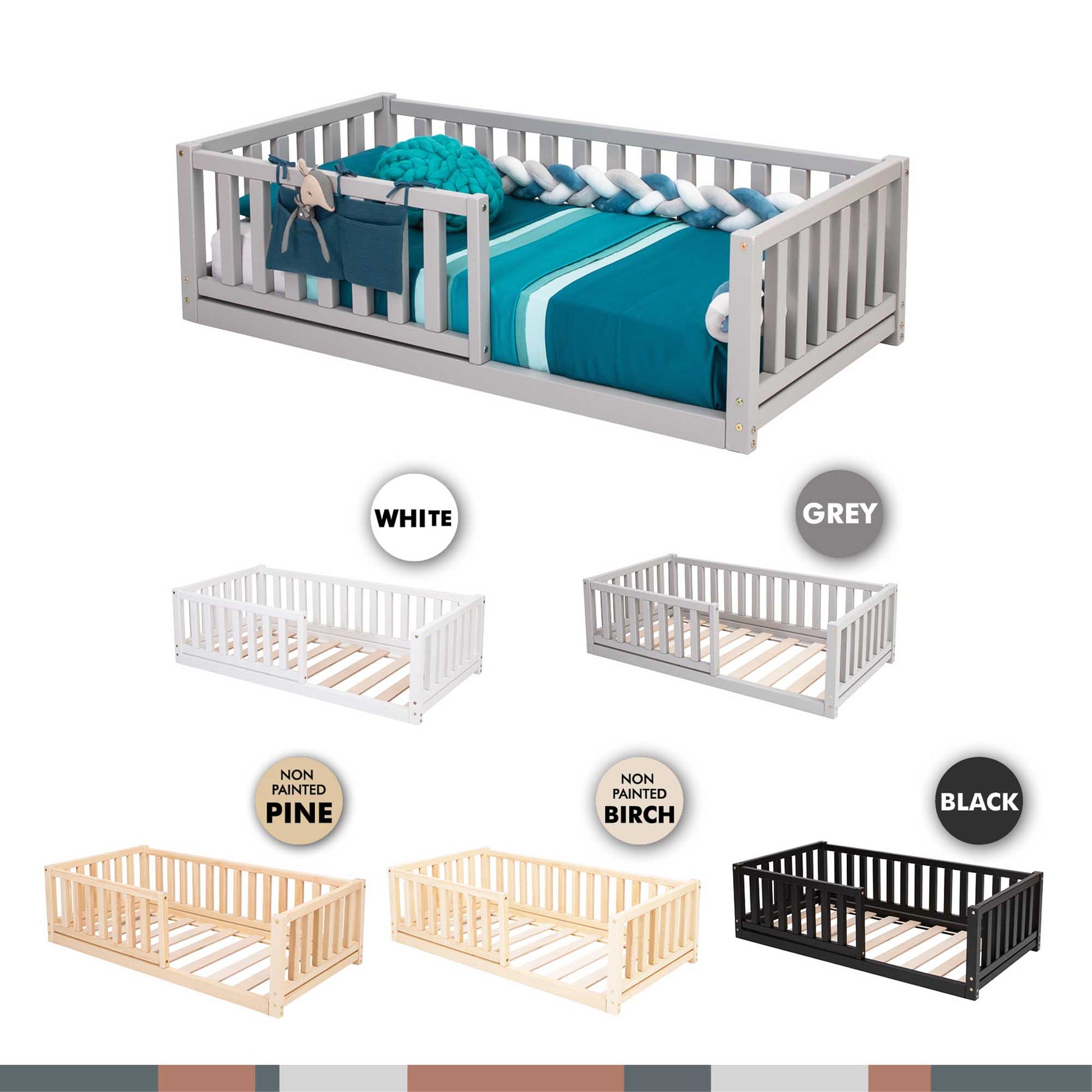 Montessori kids' bed with a fence from Sweet Home From Wood, in a variety of colors and styles, offering independent sleeping and security for children.