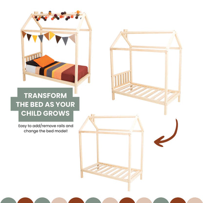 Visual representation of transformation options for a raised house bed, illustrating the flexibility to use it with or without a headboard, providing customizable design choices.