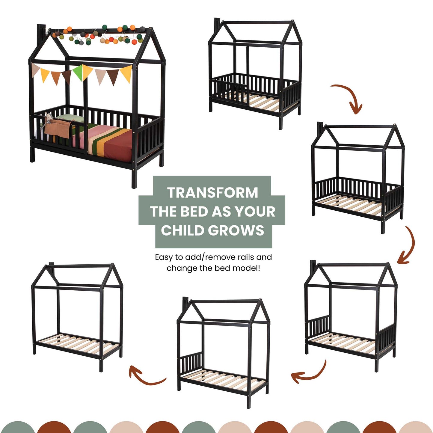 Create a Kids' house bed on legs with a fence that adapts to your child's growth.