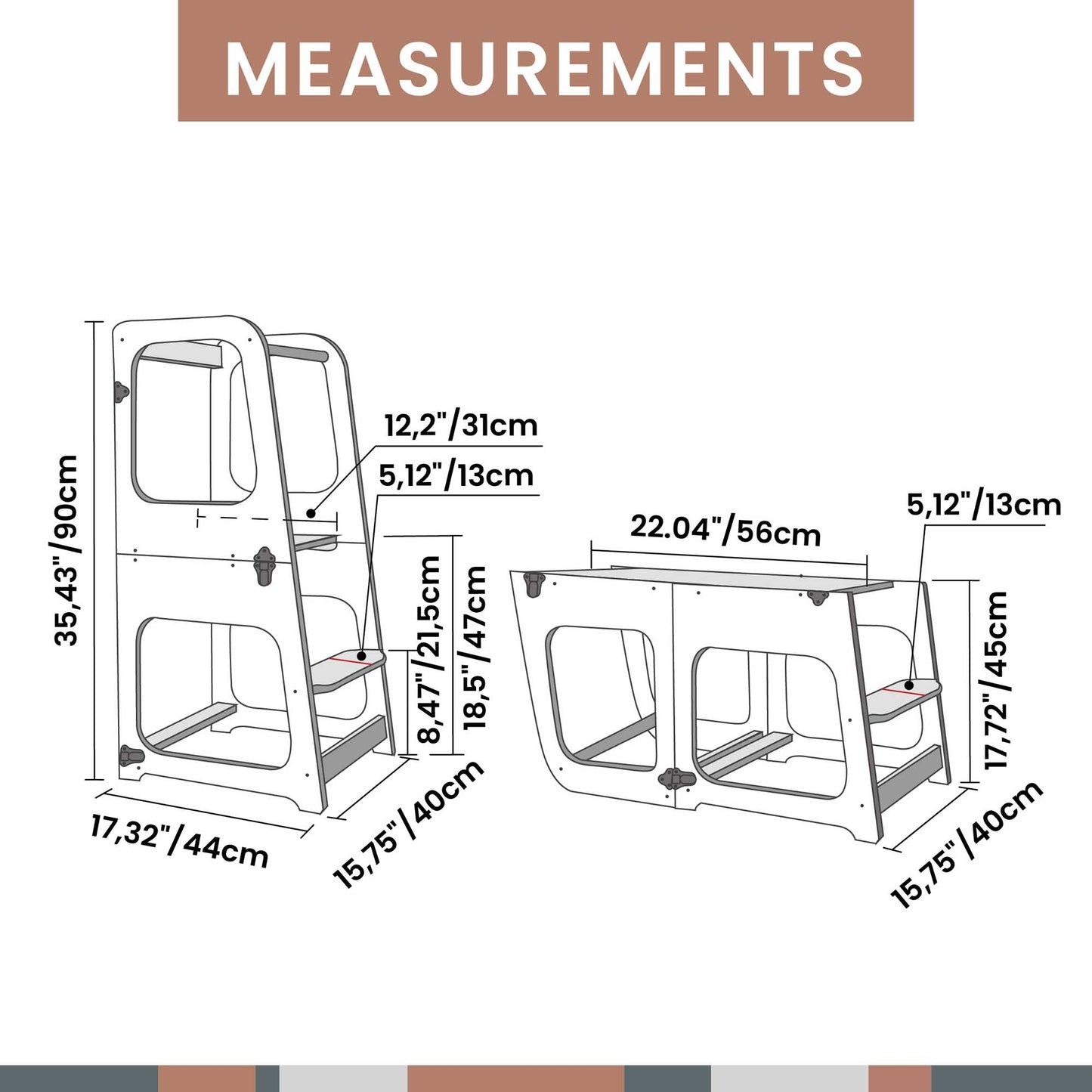A diagram displaying the measurements of a Sweet Home From Wood 2-in-1 transformable kitchen tower - table and chair for kids.