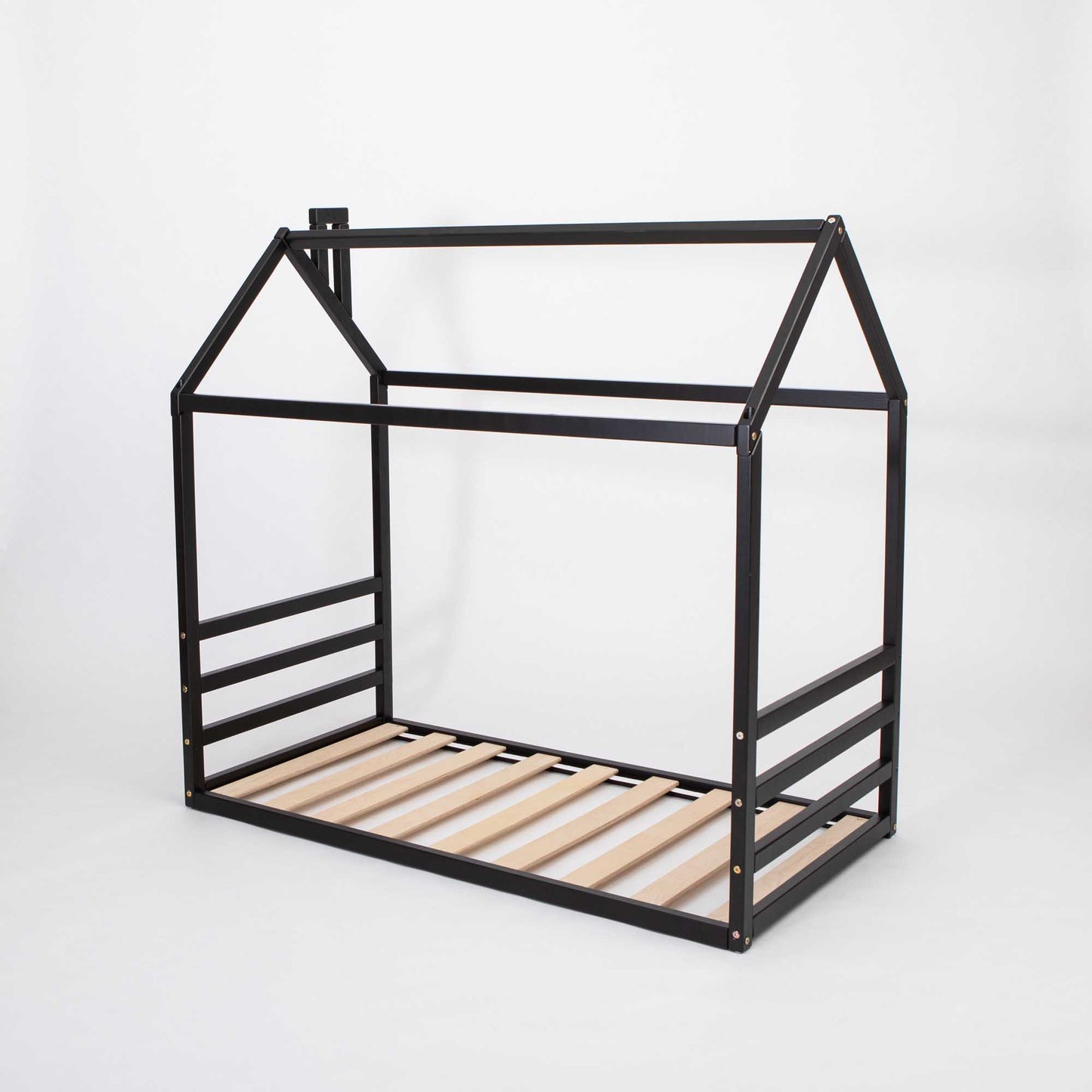A black metal floor house-frame bed with wooden slats, perfect as a low platform bed or floor level bed for kids.