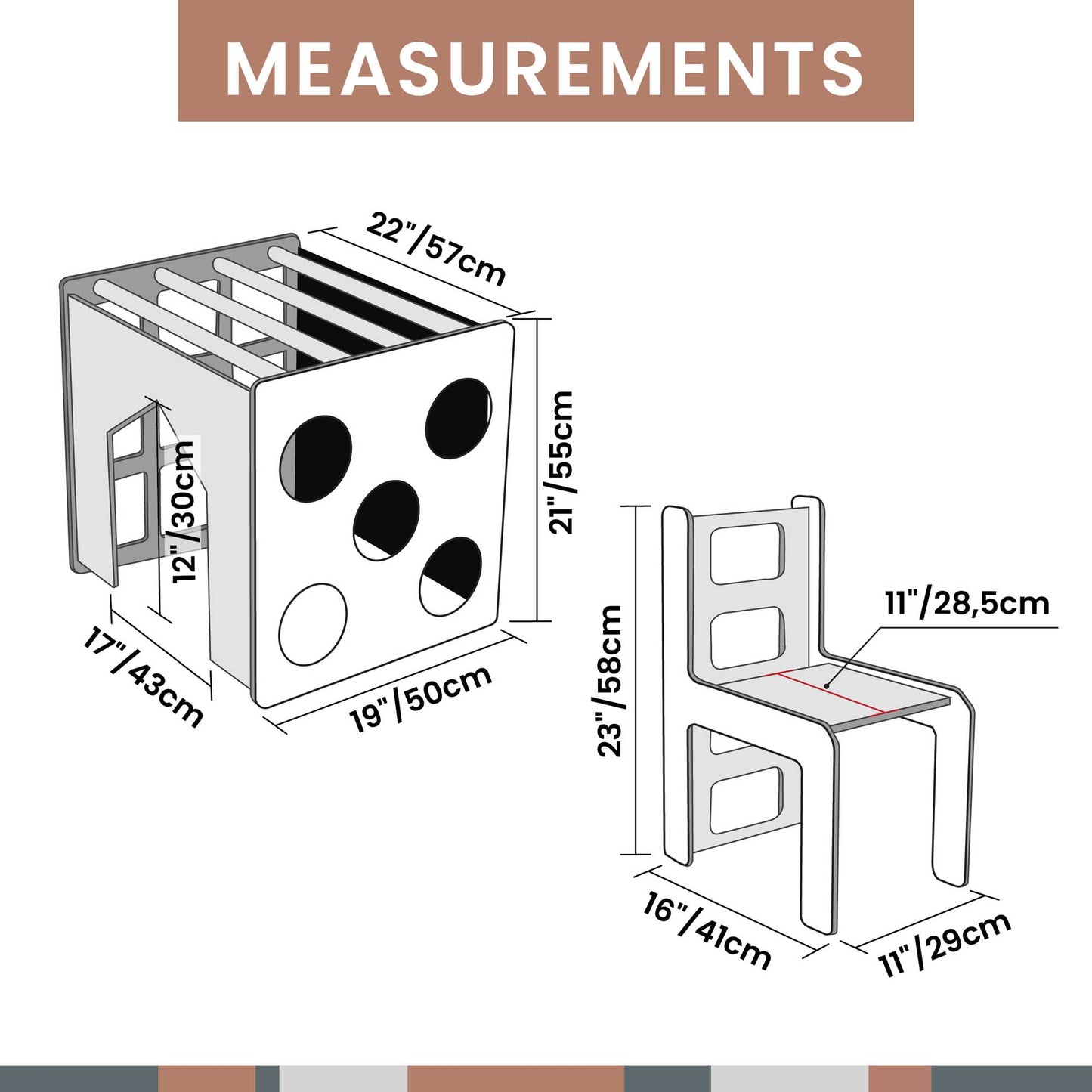 A diagram showing the measurements of a foldable climbing triangle + 2-in-1 cube / table and chair + a ramp in an indoor climbing set.