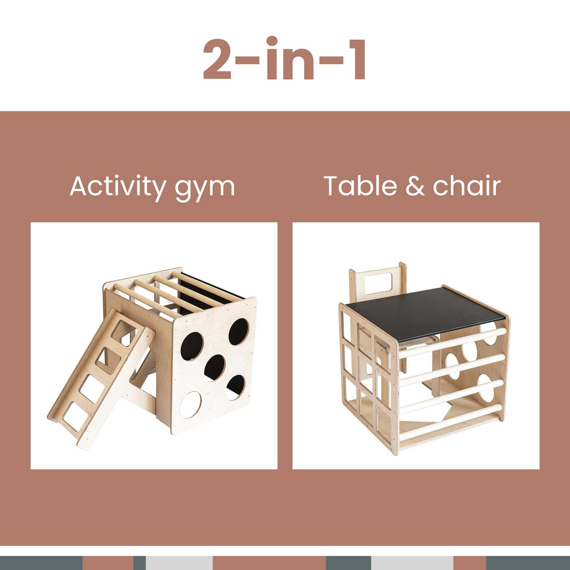 This climbing triangle + 2-in-1 climbing cube / table and chair + a ramp provides a versatile play experience for children, featuring sensory panels and a climber.