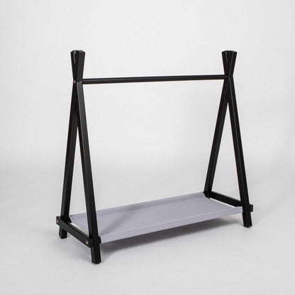 A black and grey Kids' clothing rack with storage, perfect for storage.