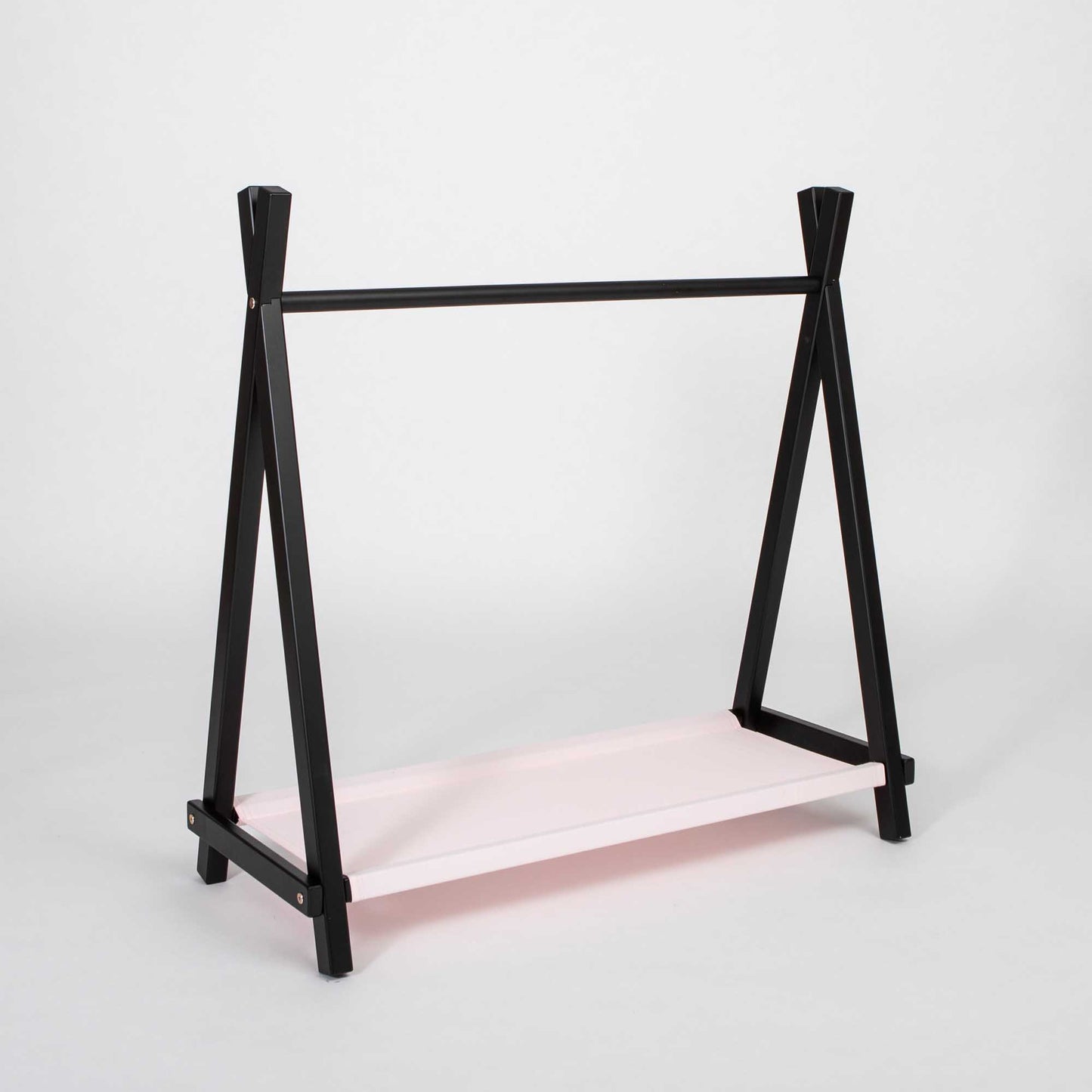 A Kids' clothing rack with storage in a chic black and pink color scheme, displayed against a clean white background.