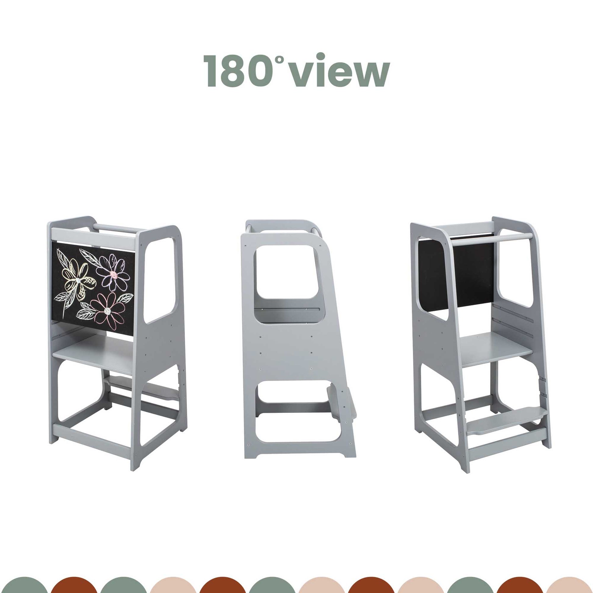 Collage featuring three views of a kitchen tower step stool, showcasing its versatility and design from various angles.