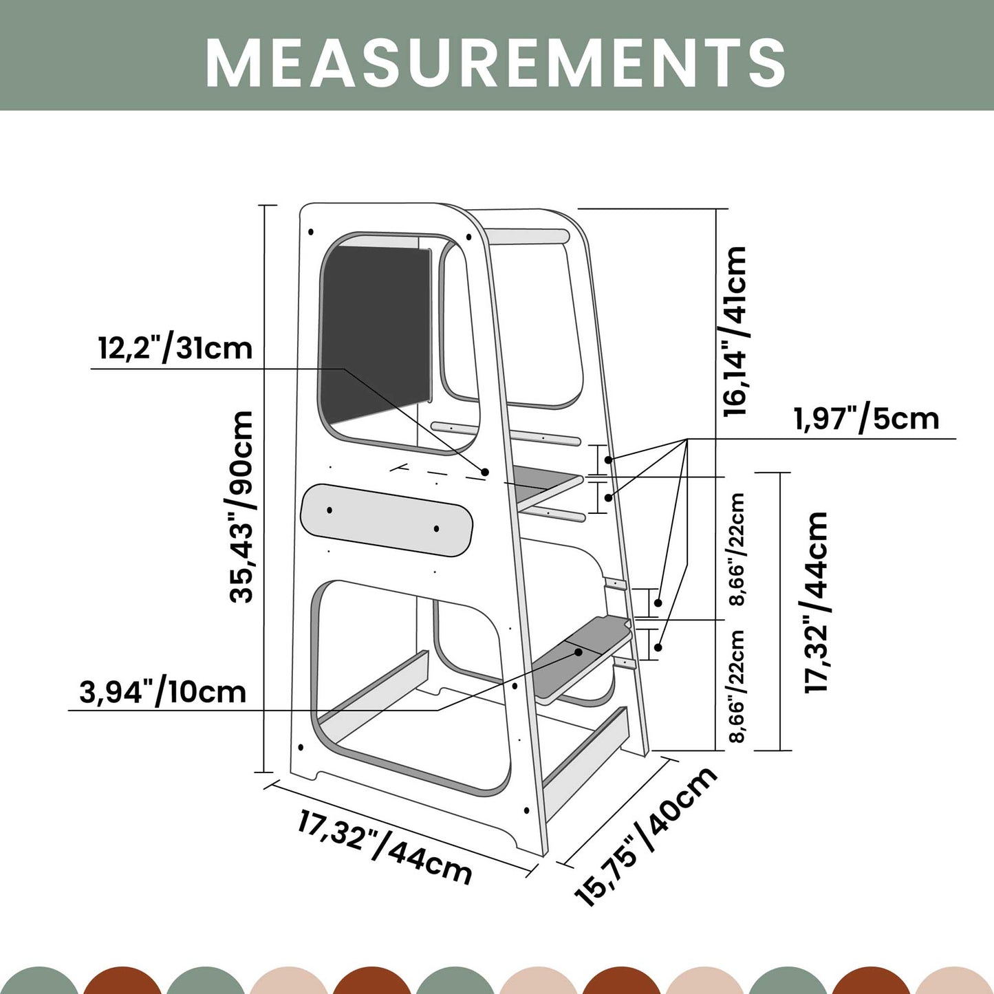 A diagram showcasing the dimensions of a Sweet Home From Wood Kitchen tower with blackboard.