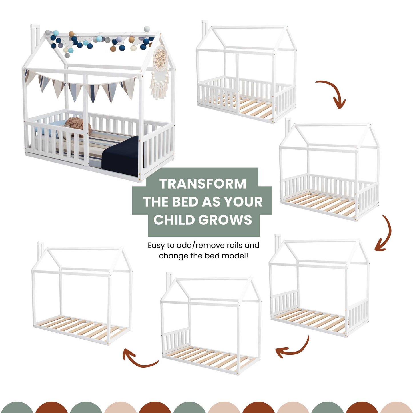 A Montessori floor house bed with rails, designed by Sweet Home From Wood, to transform the bed as your child grows, creating a cozy sleep haven.