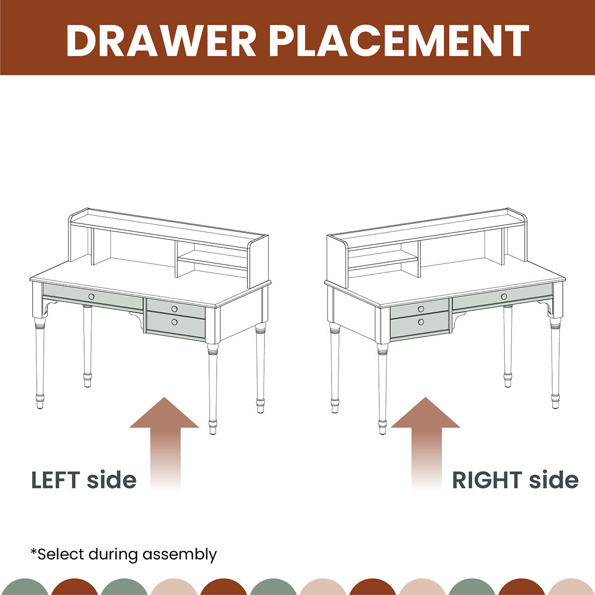 Diagram illustrating drawer placement options in an assembly manual for a versatile Pedestal desk, with arrows indicating a left side installation option and a right side installation option.