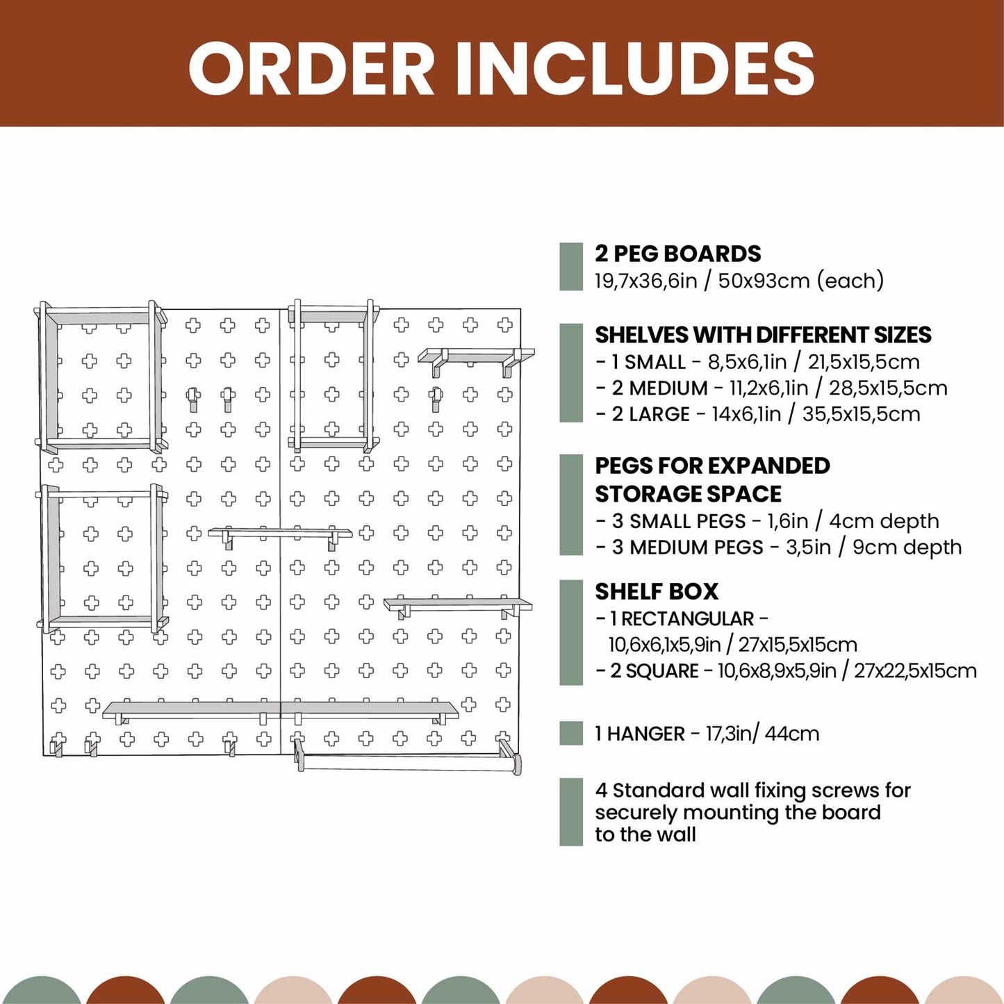 Diagram showing components of a Large Pegboard Shelf with Clothing Rack, including 2 pegboards, floating shelves, storage pegs, a shelf box, a hanger, and wall fixing screws. Sizes for each component are specified to help you create customizable layouts.