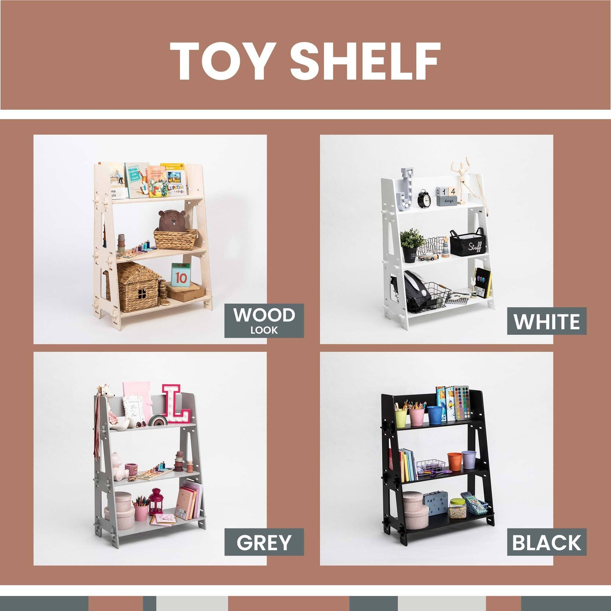 Four Montessori toy shelves in different colors and designs: wood, white, grey, and black, each filled with assorted toys and knick-knacks, ideal for a nursery or children's bedroom.