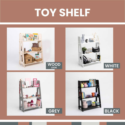 Four Montessori toy shelves in different colors and designs: wood, white, grey, and black, each filled with assorted toys and knick-knacks, ideal for a nursery or children's bedroom.