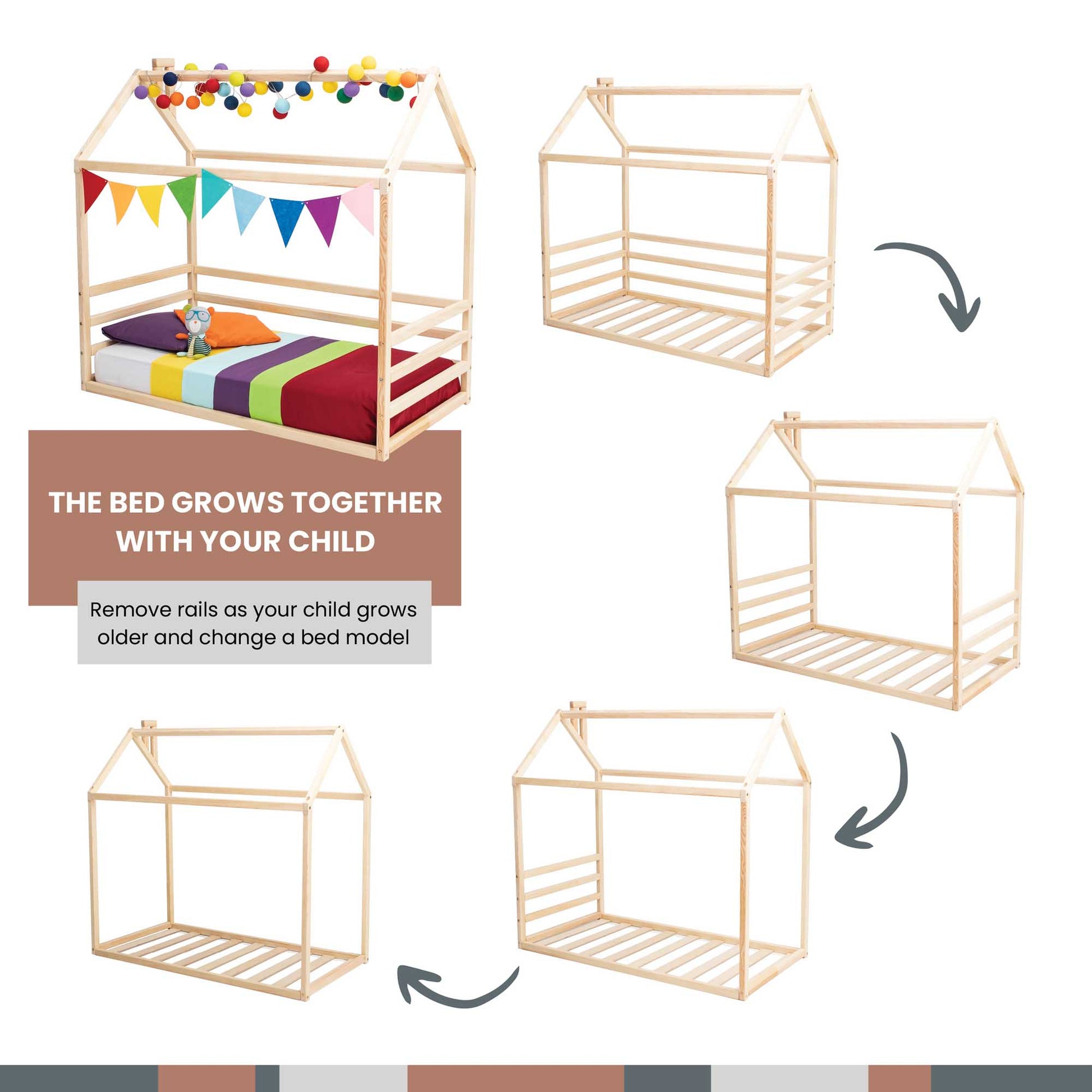 A set of images showing how to build a Kids' house-frame bed with 3-sided horizontal rails for a child's room.