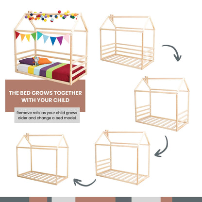 A set of images showing how to build a Kids' house-frame bed with 3-sided horizontal rails for a child's room.