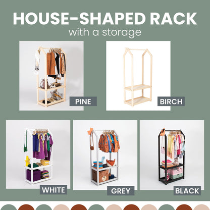 House shaped rack with a Sweet Home From Wood Montessori wardrobe for kids clothing storage.