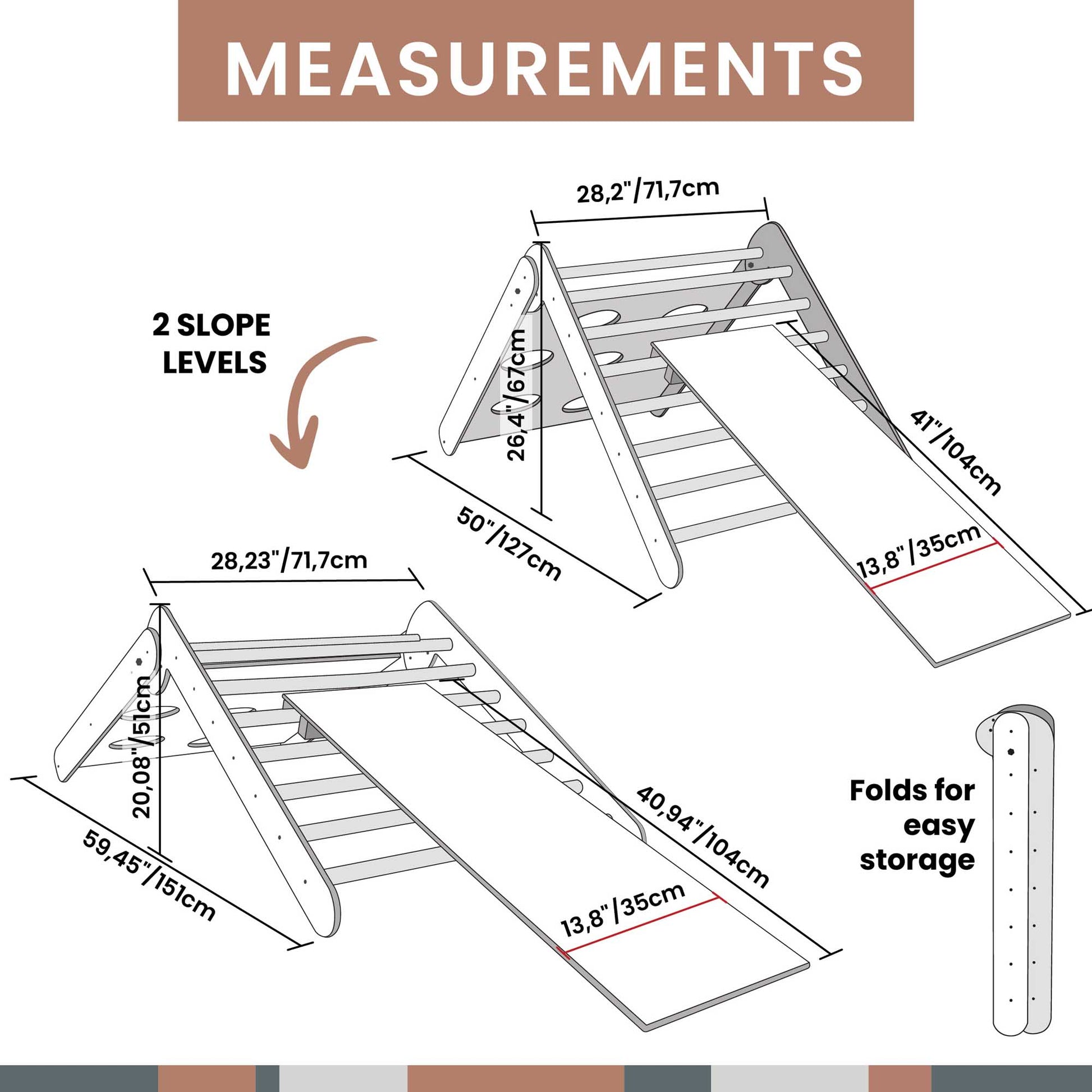 A transformable climbing triangle with 2 sensory panels diagram displaying the measurements of a wooden slide as part of a Montessori activity set.