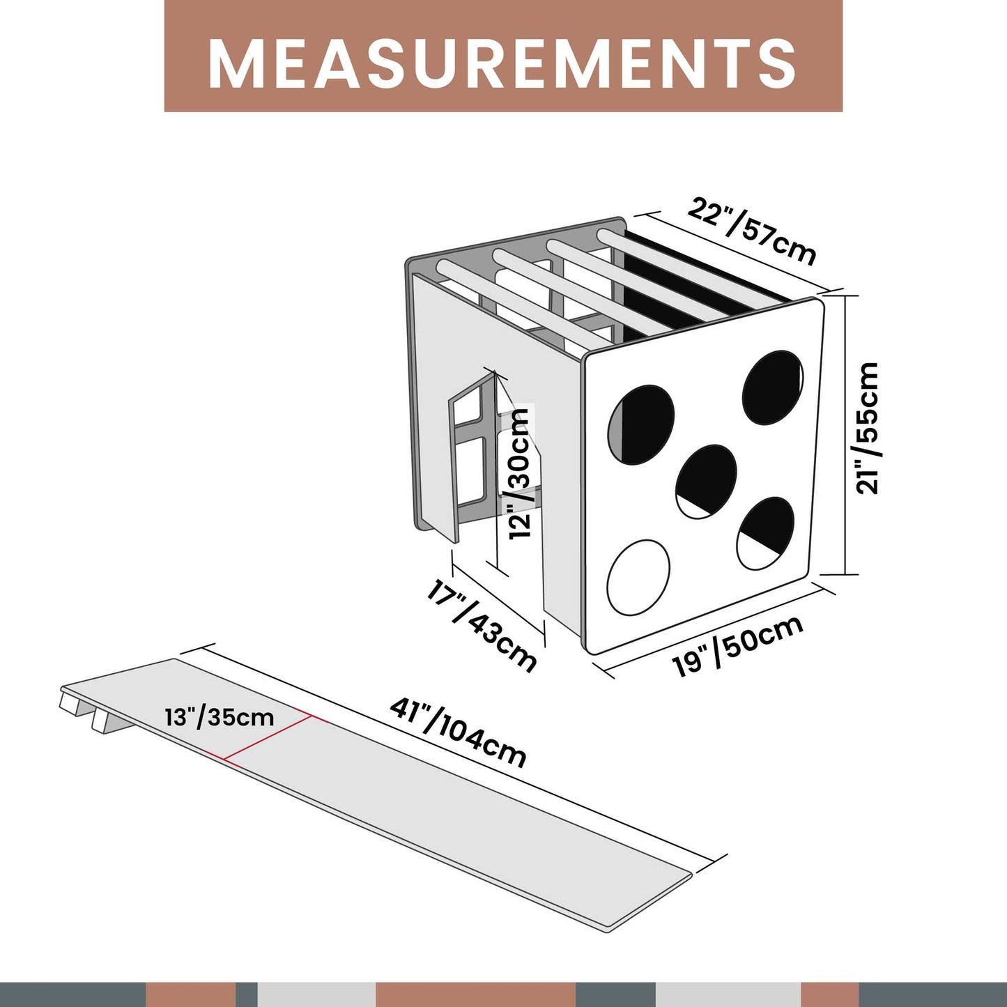 A diagram showing the measurements of a wooden box, montessori climber, balance beams, climbing arch, and an Activity cube with sensory panels and a ramp from Sweet Home From Wood.