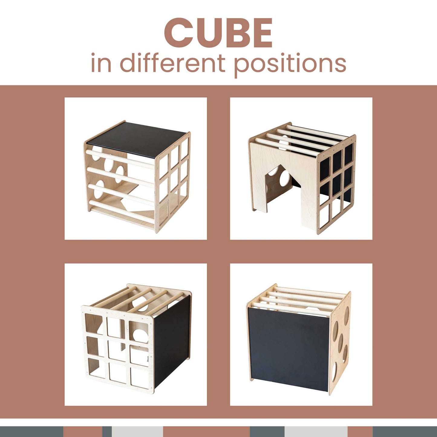 Sweet Home From Wood activity cube with sensory panels and a ramp in different positions.
