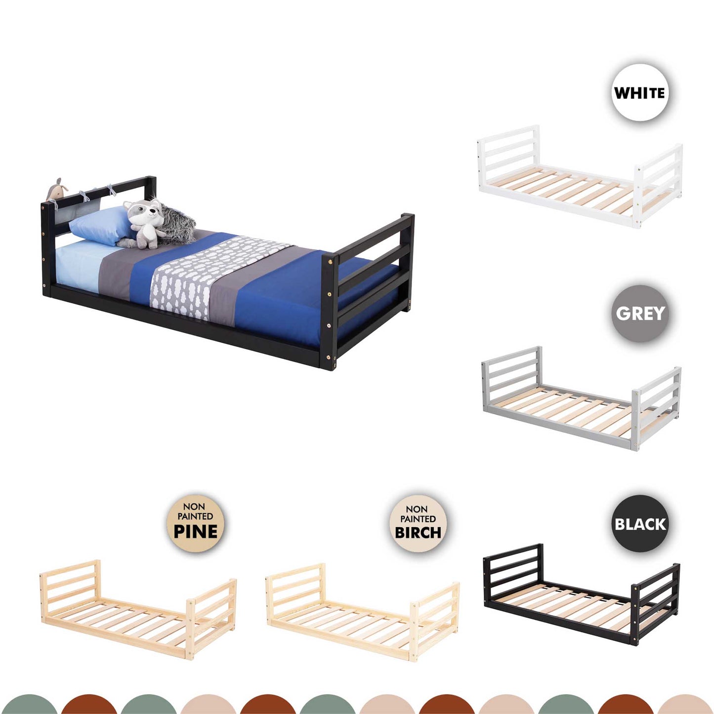 A Sweet Home From Wood toddler floor bed with a horizontal rail headboard and footboard available in different colors and styles.