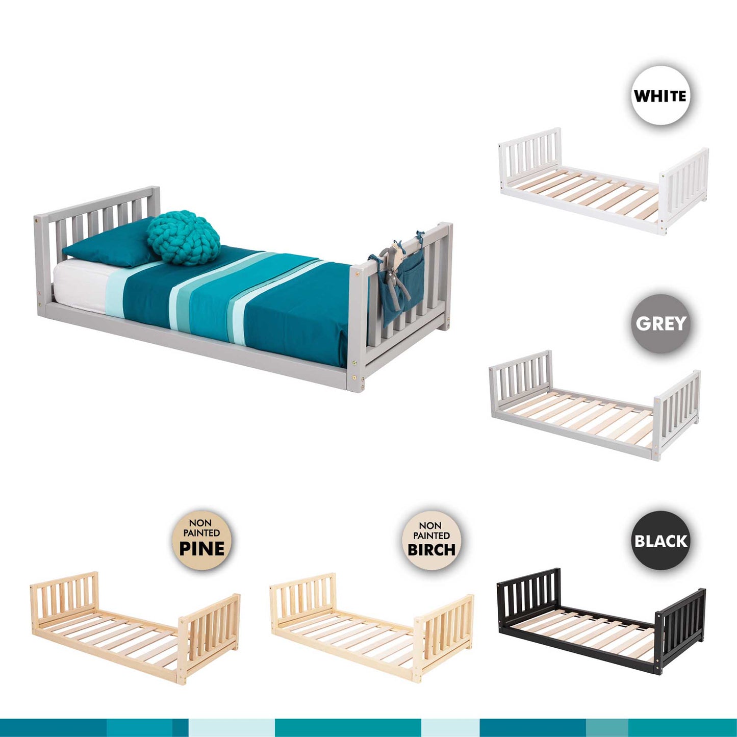 A 2-in-1 kid's bed on legs with a vertical rail headboard and footboard, made of solid pine or birch wood, available in a variety of colors and styles with slats. Perfect as a children's bed.