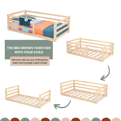 The Sweet Home From Wood floor-level kids' bed with a horizontal rail fence acts as a transitional piece for independent sleeping alongside your child's children's bed.