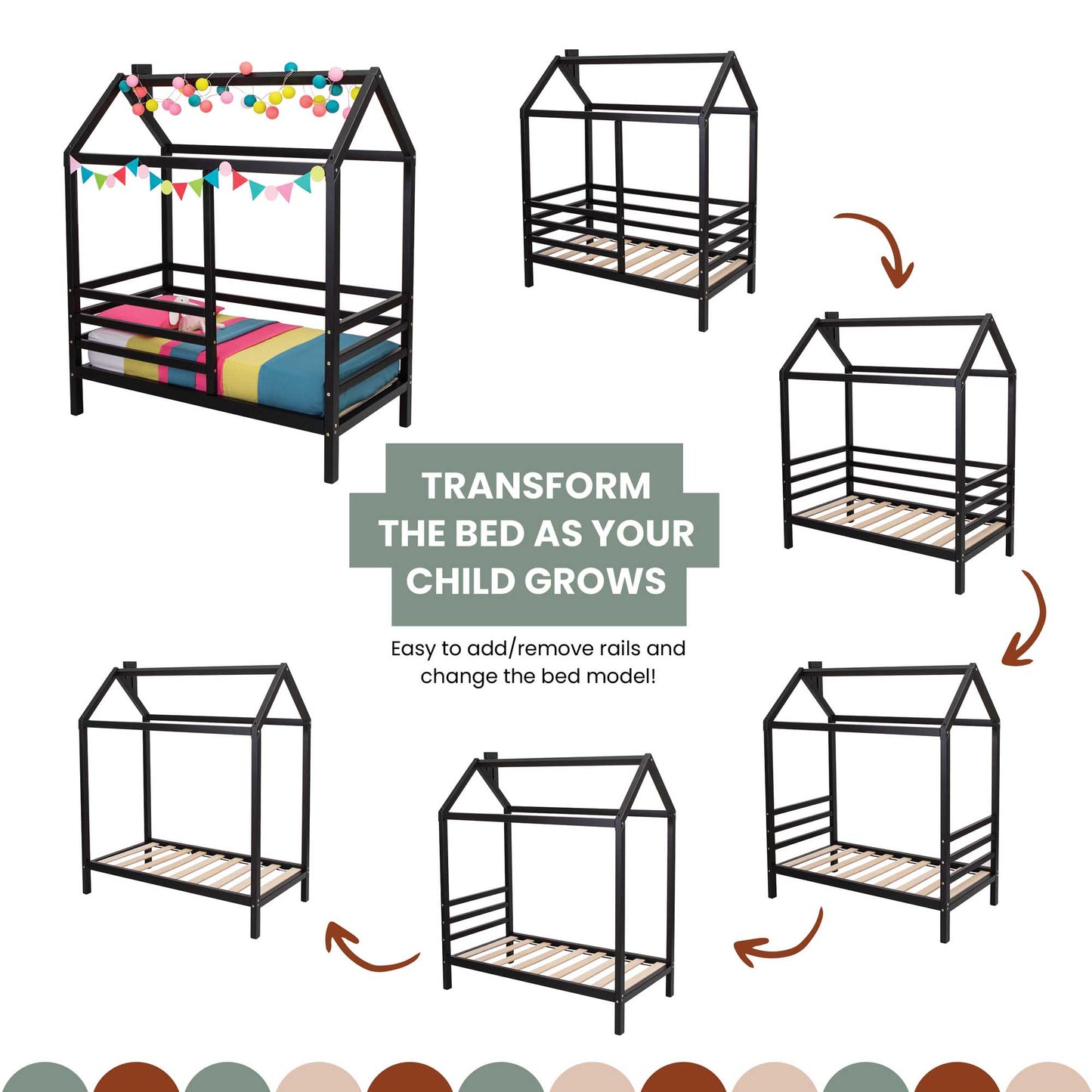 Elevate the bed as your child grows with a Wooden house bed on legs with a fence.