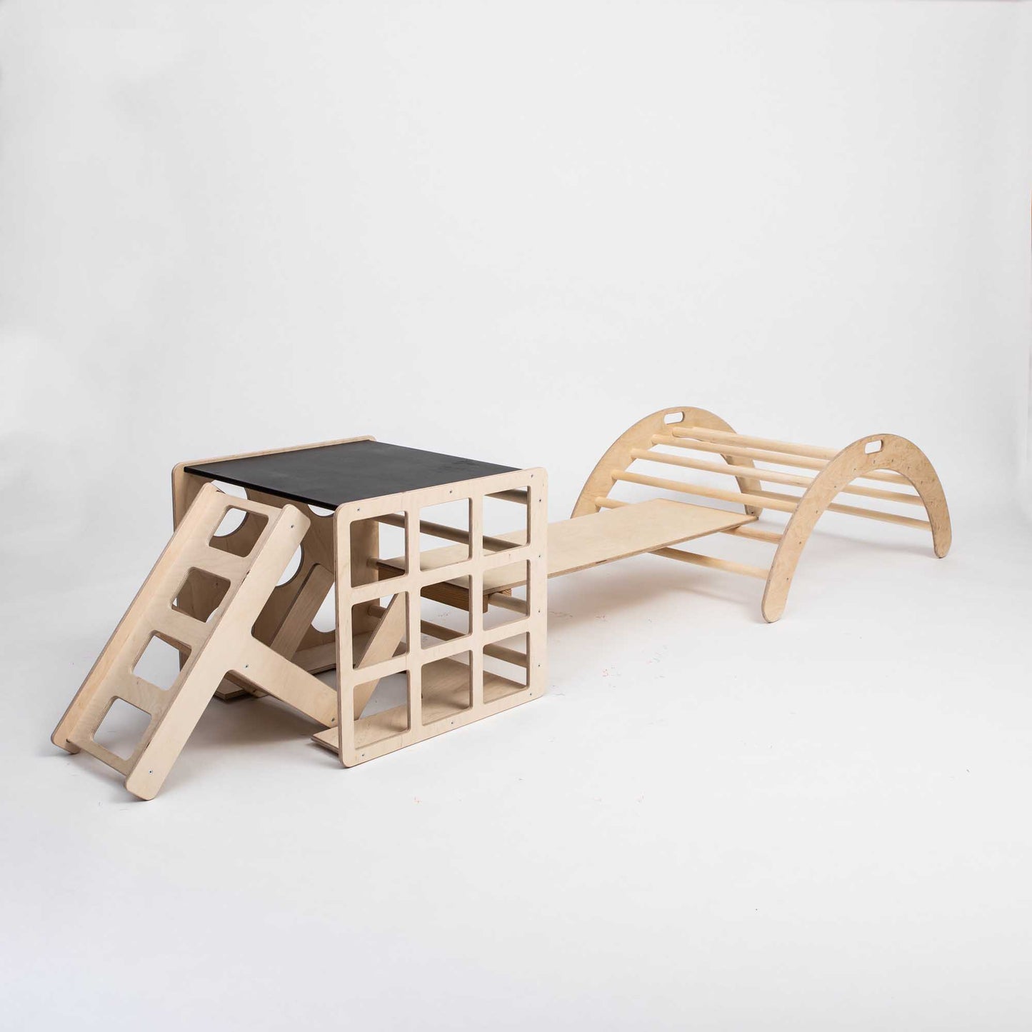 A Sweet Home From Wood wooden table with a Climbing arch + Transformable climbing cube / table and chair + a ramp on it.