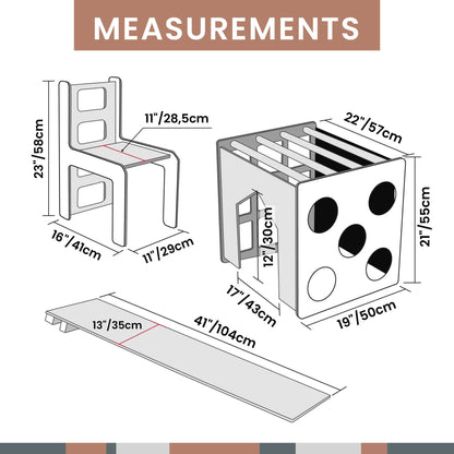 A diagram showing the measurements of a transformable climbing cube / table and chair + ramp.