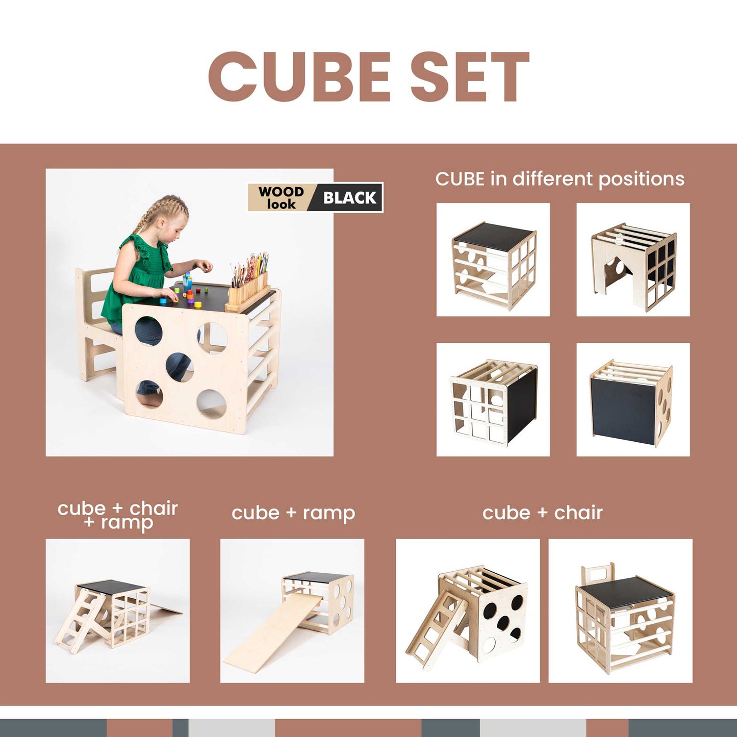 Transformable climbing cube / table and chair + ramp - black. Montessori climber, climbing triangle set with a ramp, and balance beams would make great additions to this versatile playset.