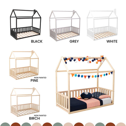 Cozy sleep haven for children with different colors of a Sweet Home From Wood Kids' house-frame bed with 3-sided rails.