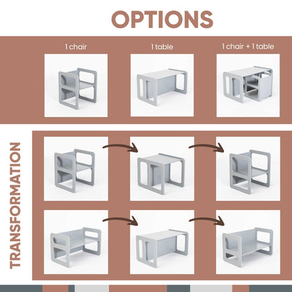 A Montessori weaning table and chair set-inspired diagram showcasing various options for toddlers to promote independence at their own table.