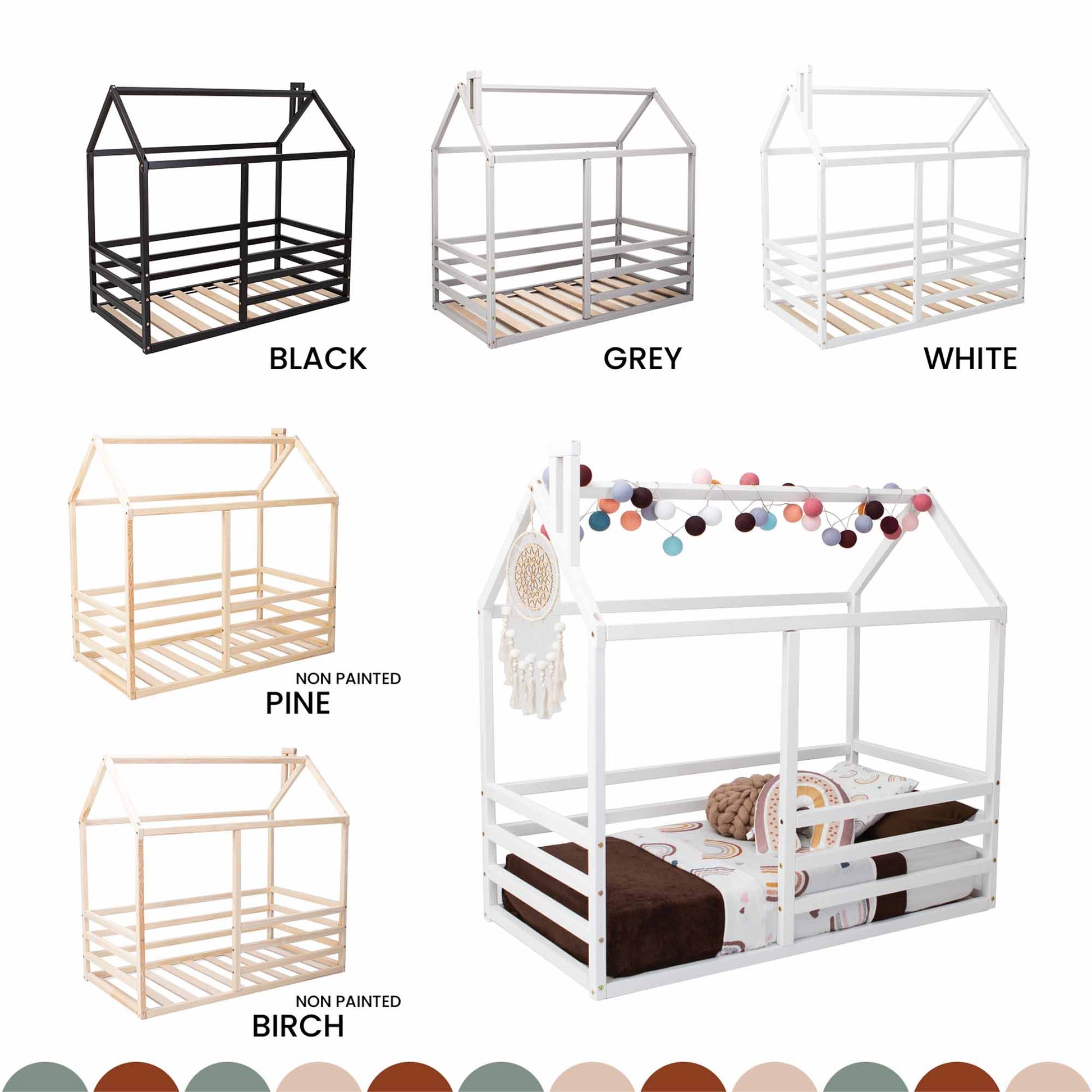 Displays all 5 materials for montessori toddler floor bed-pinewood, birchwood, white, grey, black