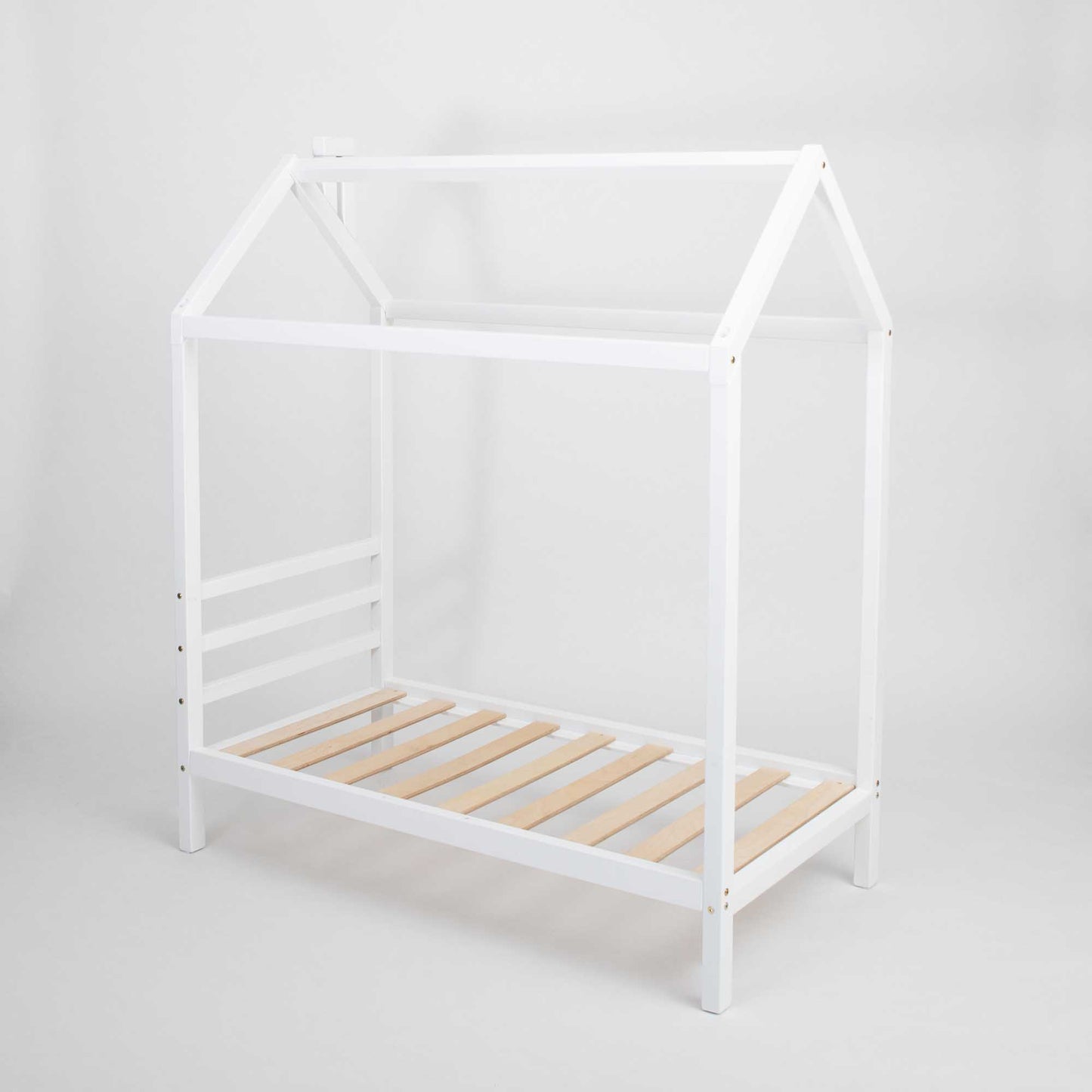 A white Kids' house bed on legs with a headboard, with wooden slats and a wooden frame.