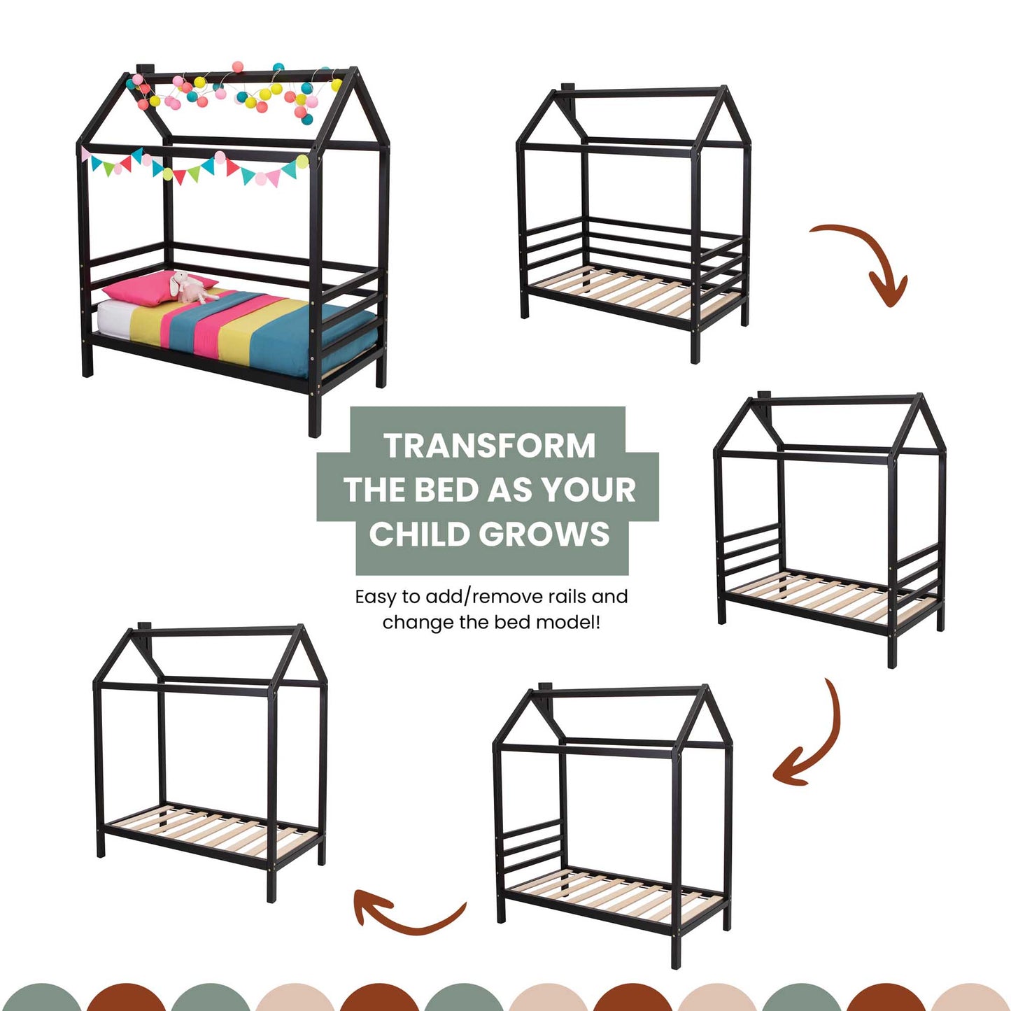 Elevate the bed as your child grows with a versatile Children's house bed on legs with 3-sided rails.