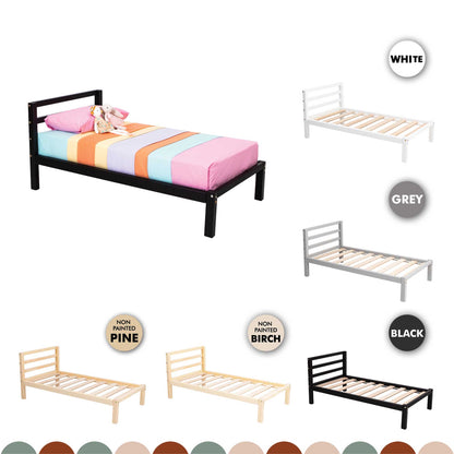 A sturdy Sweet Home From Wood kids' bed on legs with a horizontal rail headboard, available in different colors and sizes, suitable for co-sleeping and Montessori-inspired toddler bed setups.